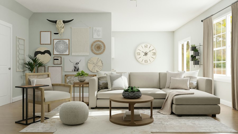 Staged dining area with round wood table