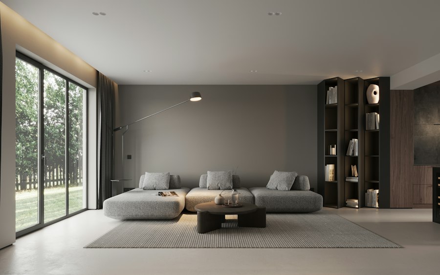 Modern staged living room with large window